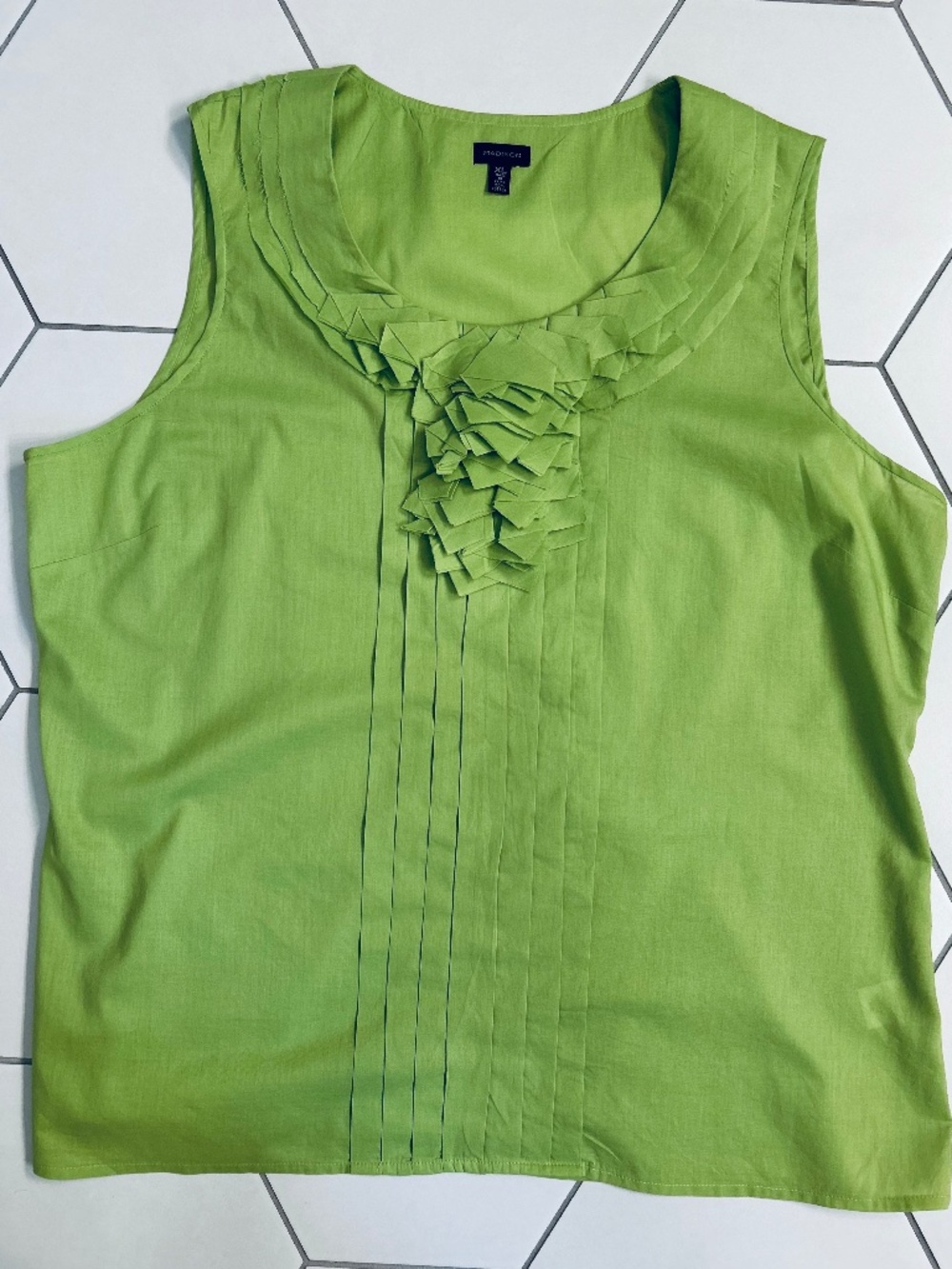 Madison Lime Green Sleeveless Ruffle Neck Blouse, Size XL